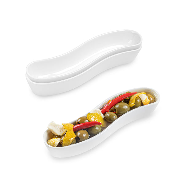 Restaurantware Chef 101 Swerve 6 Oz Curved White Porcelain Olive Plate - 8 3/4" X 2 1/4" X 1 1/2" - 1 Count Box