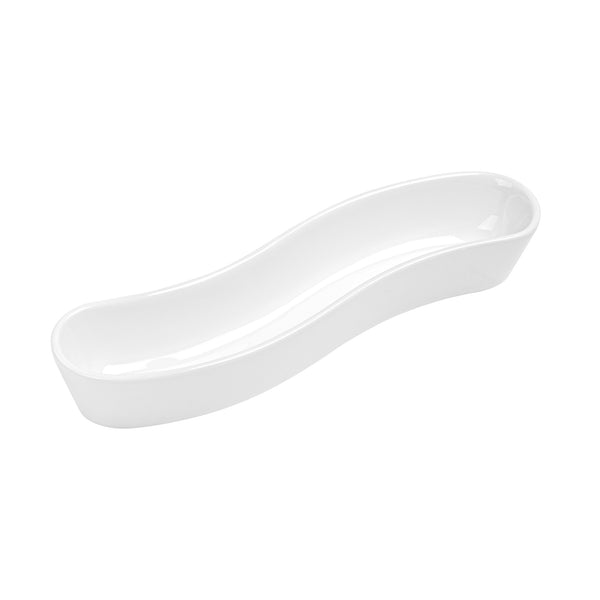 Restaurantware Chef 101 Swerve 6 Oz Curved White Porcelain Olive Plate - 8 3/4" X 2 1/4" X 1 1/2" - 1 Count Box