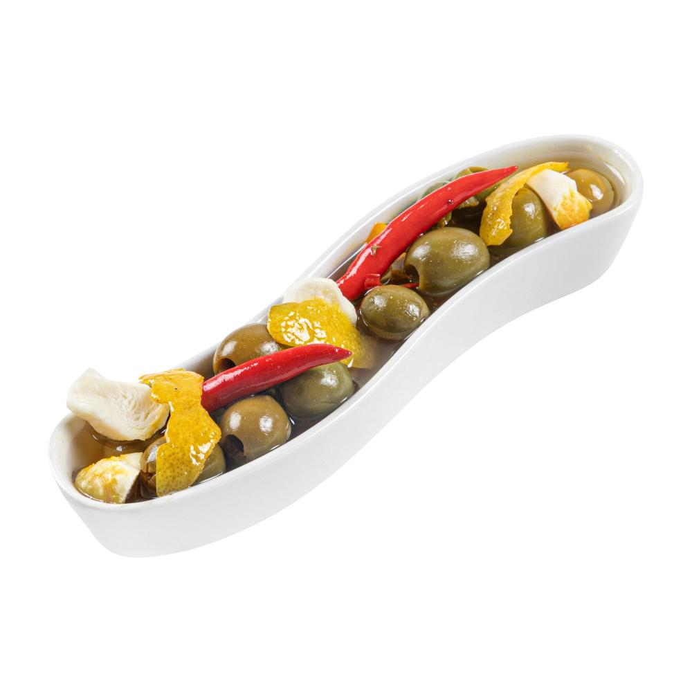 restaurantware Chef 101 Swerve 6 oz Curved White Porcelain Olive Plate - 8 3/4" x 2 1/4" x 1 1/2" - 1 count box