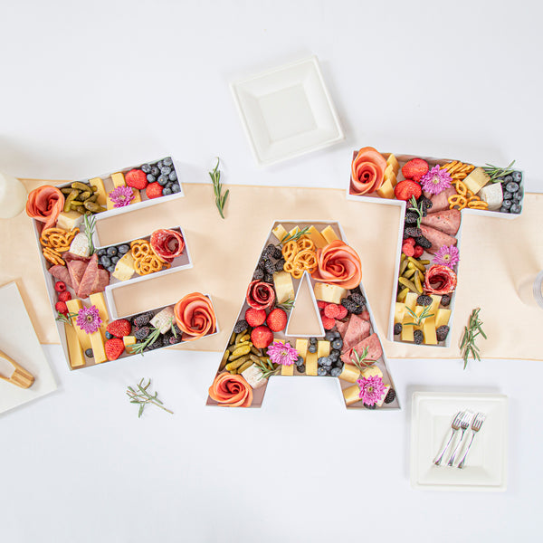 Restaurantware Chef 101 White Paper Charcuterie Fillable EAT Letter Trays - 12 1/2" X 12" X 4 3/4" - 1 Count Box