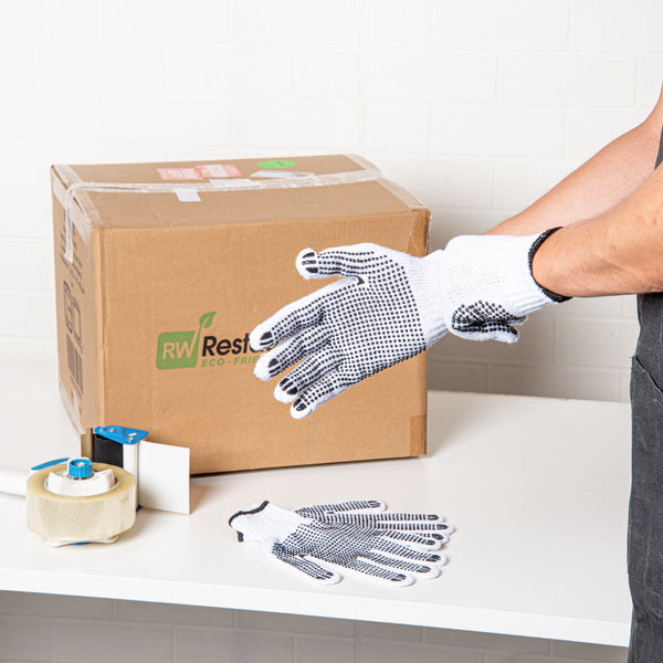 Restaurantware Chef 101 White Poly-Cotton Large Work Gloves - With Black PVC Dots - 10" X 6" - Pair - 6 Count Box