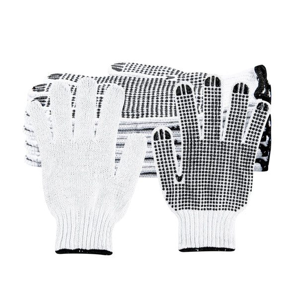 Restaurantware Chef 101 White Poly-Cotton Medium Work Gloves - With Black PVC Dots - 9" X 5 1/2" - Pair - 6 Count Box