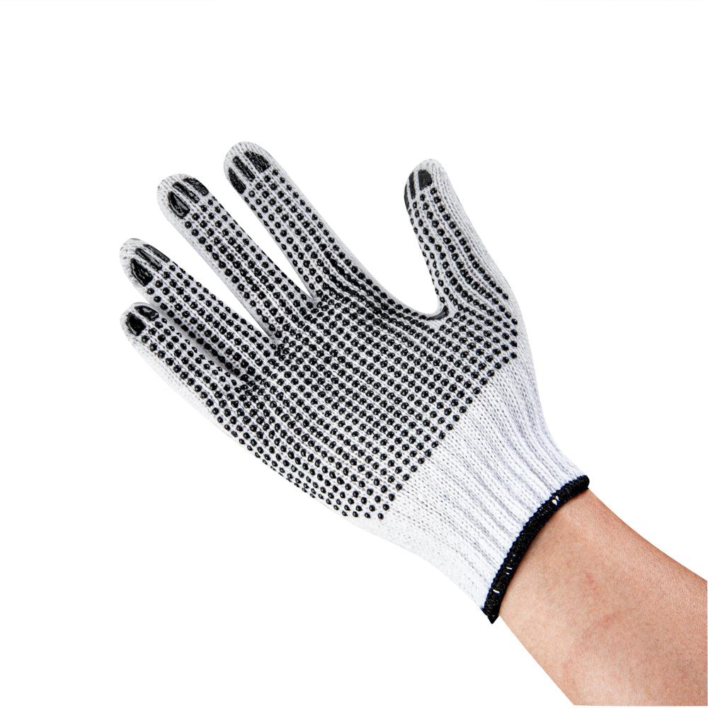restaurantware Chef 101 White Poly-Cotton Medium Work Gloves - with Black PVC Dots - 9" x 5 1/2" - Pair - 6 count box