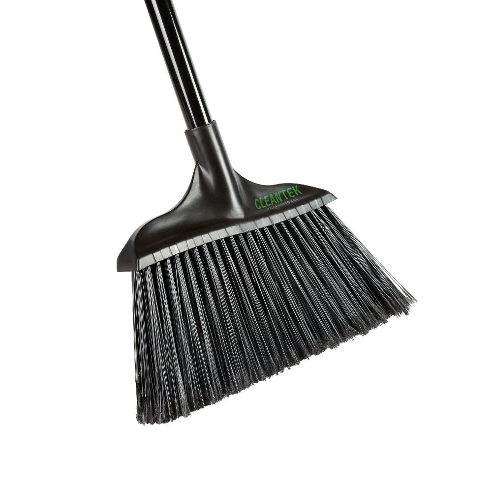 restaurantware Clean Tek Professional 13 3/4" Black Plastic Wide Angled Broom - with Flagged Bristles 48" Steel Handle - 1 count box