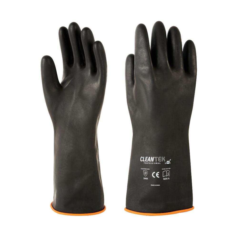 restaurantware Clean Tek Professional 30 mil Black Latex Chemical-Resistant Gloves - Unlined Heavy Duty - 13 3/4" - Pair - 10 count box