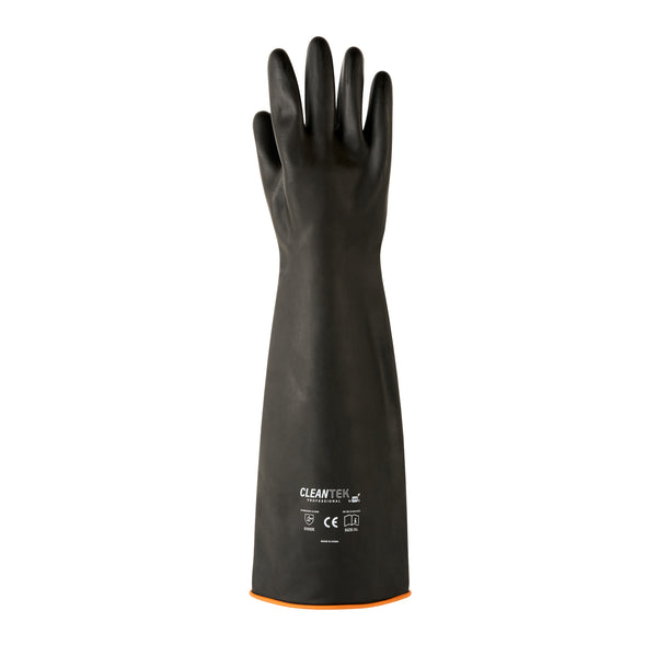Restaurantware Clean Tek Professional 30 Mil Black Latex Chemical-Resistant Gloves - Unlined Heavy Duty - 21 3/4" - Pair - 10 Count Box