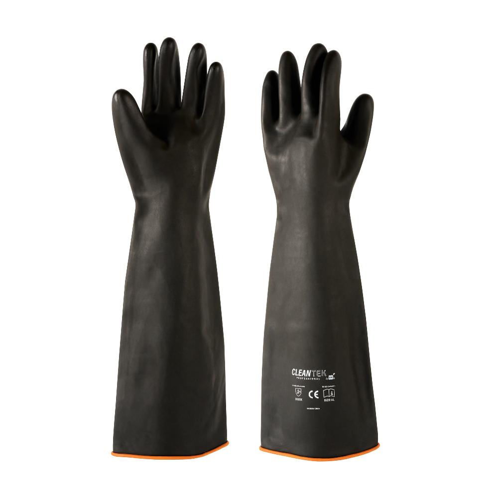 restaurantware Clean Tek Professional 30 mil Black Latex Chemical-Resistant Gloves - Unlined Heavy Duty - 21 3/4" - Pair - 10 count box