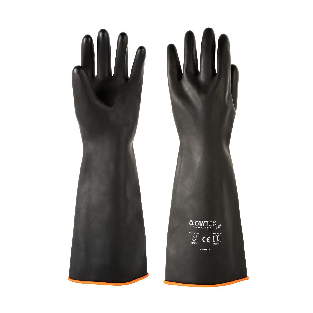 restaurantware Clean Tek Professional 30 mil Black Latex Chemical-Resistant Gloves - Unlined Heavy Duty - 17 3/4" - Pair - 10 count box