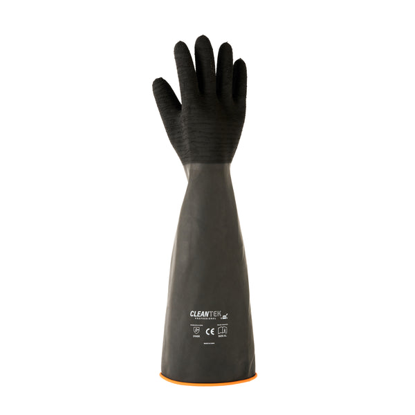 Restaurantware Clean Tek Professional 35 Mil Black Latex Chemical-Resistant Gloves - Non-Slip Unlined Heavy Duty - 21 3/4" - Pair - 10 Count Box