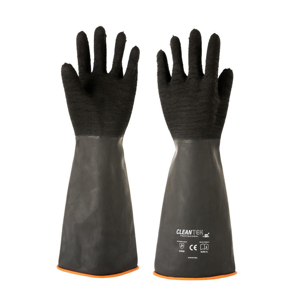 restaurantware Clean Tek Professional 35 mil Black Latex Chemical-Resistant Gloves - Non-Slip Unlined Heavy Duty - 17 3/4" - Pair - 10 count box