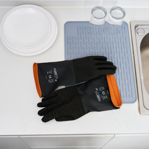 Restaurantware Clean Tek Professional 35 Mil Black Latex Chemical-Resistant Gloves - Non-Slip Unlined Heavy Duty - 13 3/4" - Pair 10 Count Box