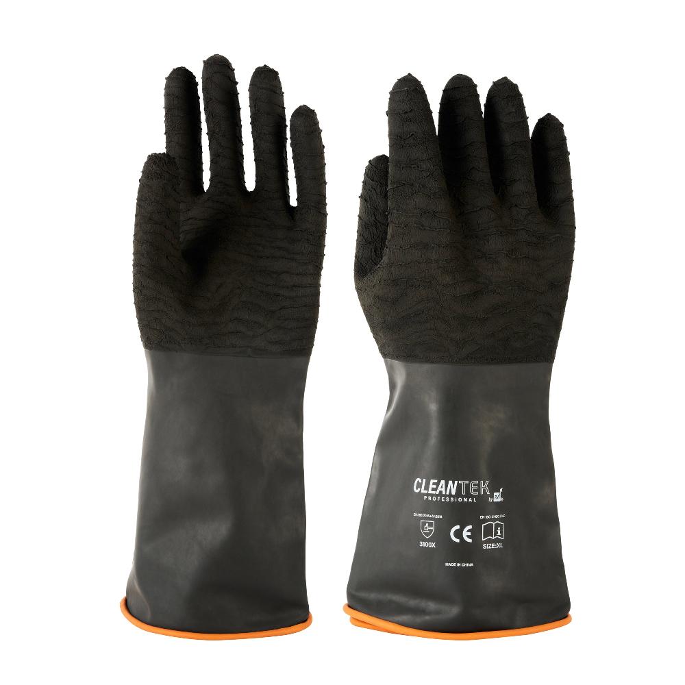 restaurantware Clean Tek Professional 35 mil Black Latex Chemical-Resistant Gloves - Non-Slip Unlined Heavy Duty - 13 3/4" - Pair 10 count box