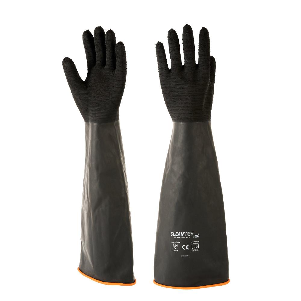 restaurantware Clean Tek Professional 35 mil Black Latex Chemical-Resistant Gloves - Non-Slip Unlined Heavy Duty - 21 3/4" - Pair - 10 count box