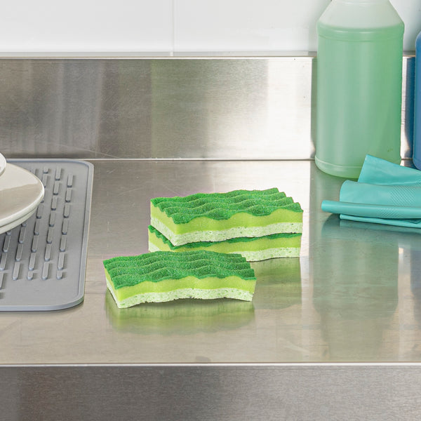 Restaurantware Clean Tek Professional All-Purpose Light And Dark Green Cellulose Scouring Sponge - Grooved - 4 1/2" X 2 1/2" X 1" - 60 Count Box