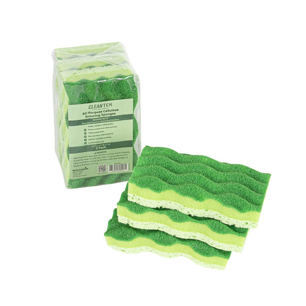 restaurantware Clean Tek Professional All-Purpose Light and Dark Green Cellulose Scouring Sponge - Grooved - 4 1/2" x 2 1/2" x 1" - 60 count box