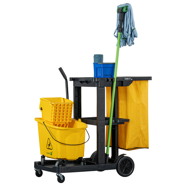 Restaurantware Clean Tek Professional Black 3-Shelf Janitor Cart - 18 Gal Bag - 44" X 18 1/2" X 37 3/4" - 1 Count Box