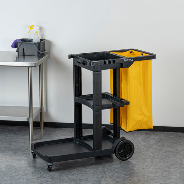 Restaurantware Clean Tek Professional Black 3-Shelf Janitor Cart - 18 Gal Bag - 44" X 18 1/2" X 37 3/4" - 1 Count Box