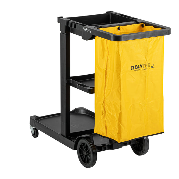Restaurantware Clean Tek Professional Black 3-Shelf Janitor Cart - 18 Gal Bag - 44" X 18 1/2" X 37 3/4" - 1 Count Box