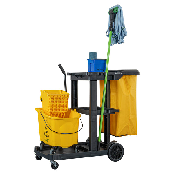 Restaurantware Clean Tek Professional Black 3-Shelf Janitor Cart - 18 Gal Bag Lid - 44" X 18 1/2" X 39" - 1 Count Box