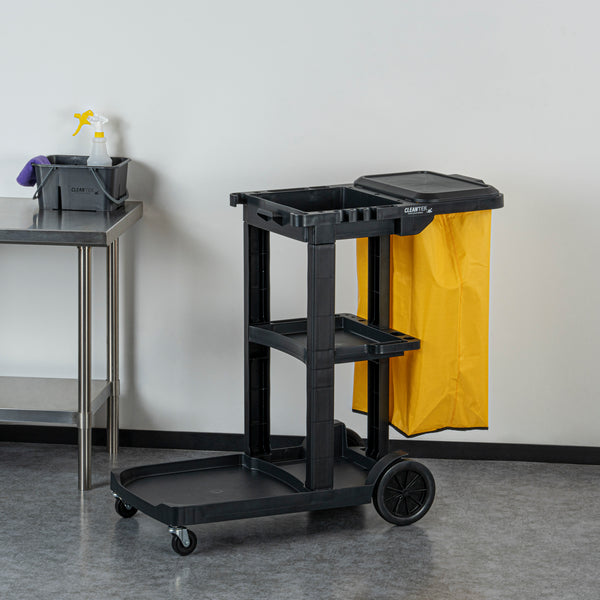 Restaurantware Clean Tek Professional Black 3-Shelf Janitor Cart - 18 Gal Bag Lid - 44" X 18 1/2" X 39" - 1 Count Box