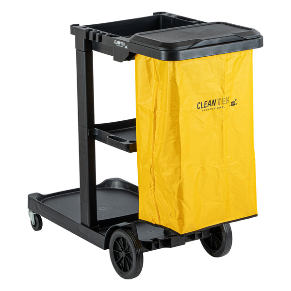 Restaurantware Clean Tek Professional Black 3-Shelf Janitor Cart - 18 Gal Bag Lid - 44" X 18 1/2" X 39" - 1 Count Box