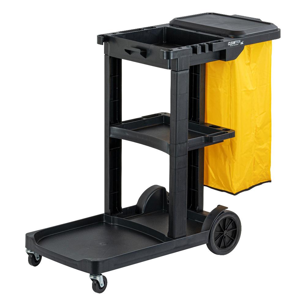 restaurantware Clean Tek Professional Black 3-Shelf Janitor Cart - 18 gal Bag Lid - 44" x 18 1/2" x 39" - 1 count box