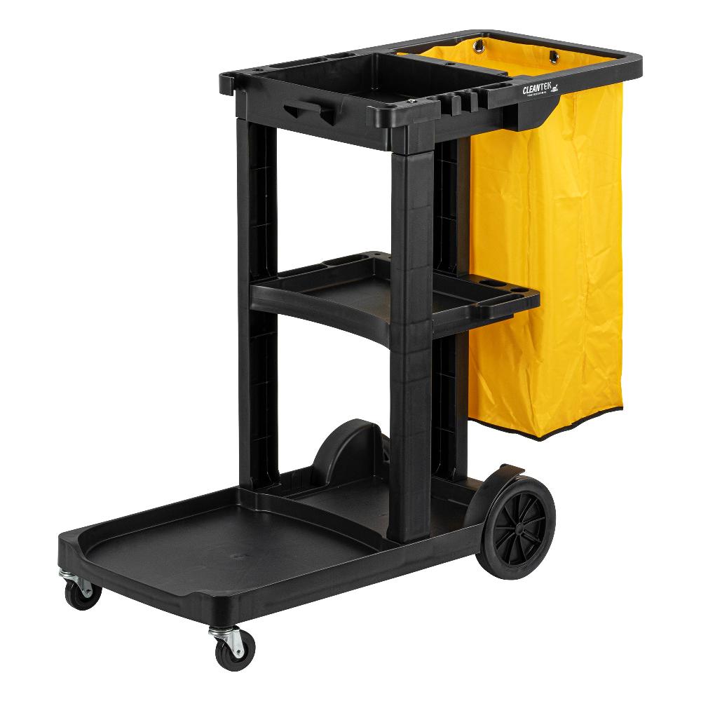 restaurantware Clean Tek Professional Black 3-Shelf Janitor Cart - 18 gal Bag - 44" x 18 1/2" x 37 3/4" - 1 count box