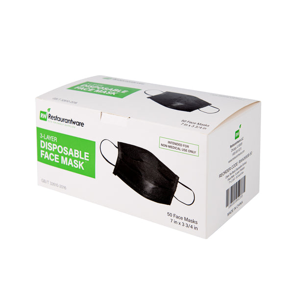 Restaurantware Clean Tek Professional Black Disposable Earloop Face Mask - 3-Layer Filtration - 7" X 3 3/4" - 1000 Count Box
