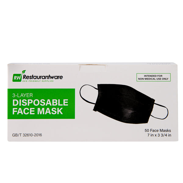 Restaurantware Clean Tek Professional Black Disposable Earloop Face Mask - 3-Layer Filtration - 7" X 3 3/4" - 1000 Count Box