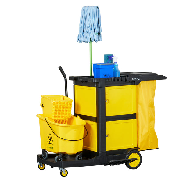 Restaurantware Clean Tek Professional Black Heavy Duty 3-Shelf Janitor Cart - 21 Gal Bag Lid Double Locking Cabinet- 52 1/4" X 33 1/2" X 39" - 1 Count Box