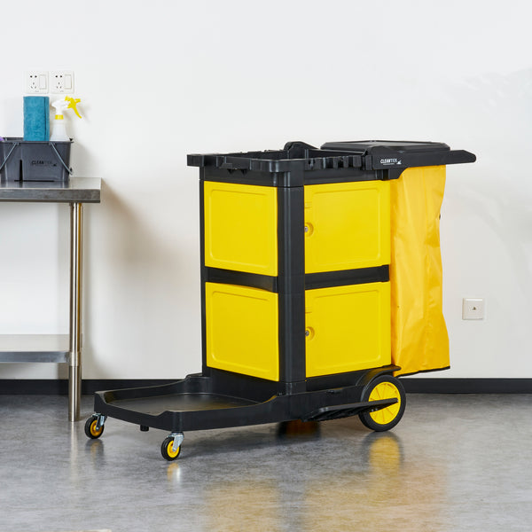 Restaurantware Clean Tek Professional Black Heavy Duty 3-Shelf Janitor Cart - 21 Gal Bag Lid Double Locking Cabinet- 52 1/4" X 33 1/2" X 39" - 1 Count Box