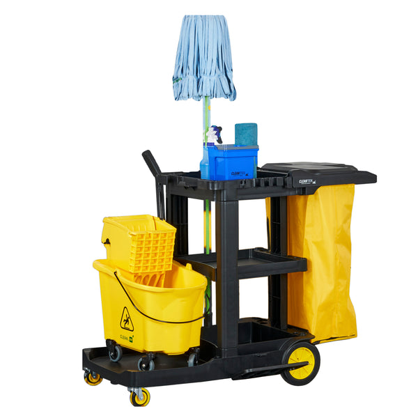 Restaurantware Clean Tek Professional Black Heavy Duty 3-Shelf Janitor Cart - 21 Gal Bag Lid - 52 1/4" X 33 1/2" X 39" - 1 Count Box