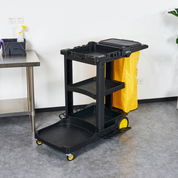 Restaurantware Clean Tek Professional Black Heavy Duty 3-Shelf Janitor Cart - 21 Gal Bag Lid - 52 1/4" X 33 1/2" X 39" - 1 Count Box