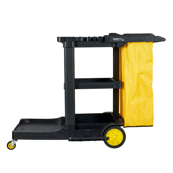 Restaurantware Clean Tek Professional Black Heavy Duty 3-Shelf Janitor Cart - 21 Gal Bag Lid - 52 1/4" X 33 1/2" X 39" - 1 Count Box