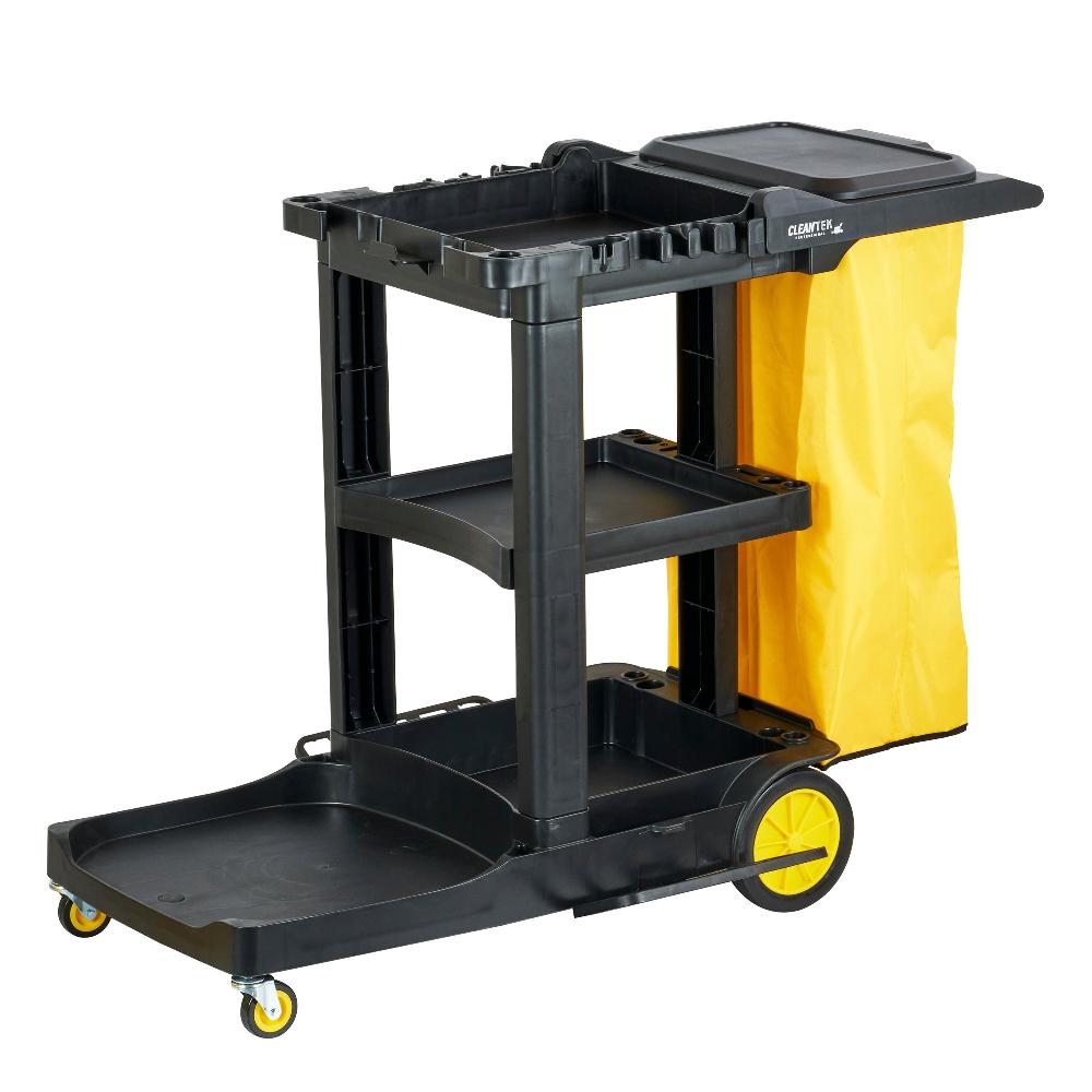 restaurantware Clean Tek Professional Black Heavy Duty 3-Shelf Janitor Cart - 21 gal Bag Lid - 52 1/4" x 33 1/2" x 39" - 1 count box