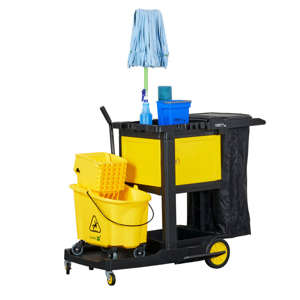 Restaurantware Clean Tek Professional Black Heavy Duty 3-Shelf Janitor Cart - 21 Gal Bag Lid Single Locking Cabinet - 53 1/2" X 33 1/2" X 39" - 1 Count Box