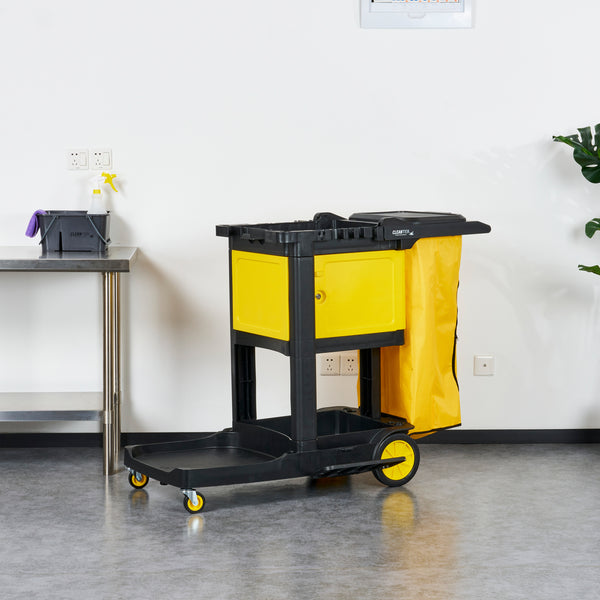 Restaurantware Clean Tek Professional Black Heavy Duty 3-Shelf Janitor Cart - 21 Gal Bag Lid Single Locking Cabinet - 53 1/2" X 33 1/2" X 39" - 1 Count Box