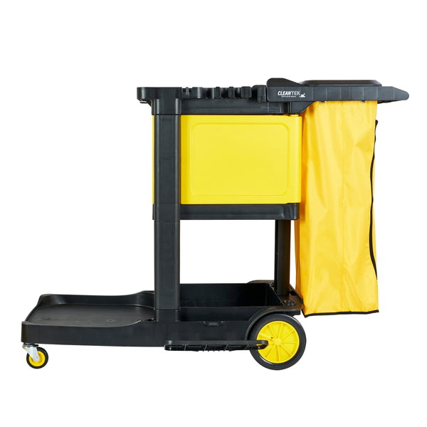 Restaurantware Clean Tek Professional Black Heavy Duty 3-Shelf Janitor Cart - 21 Gal Bag Lid Single Locking Cabinet - 53 1/2" X 33 1/2" X 39" - 1 Count Box