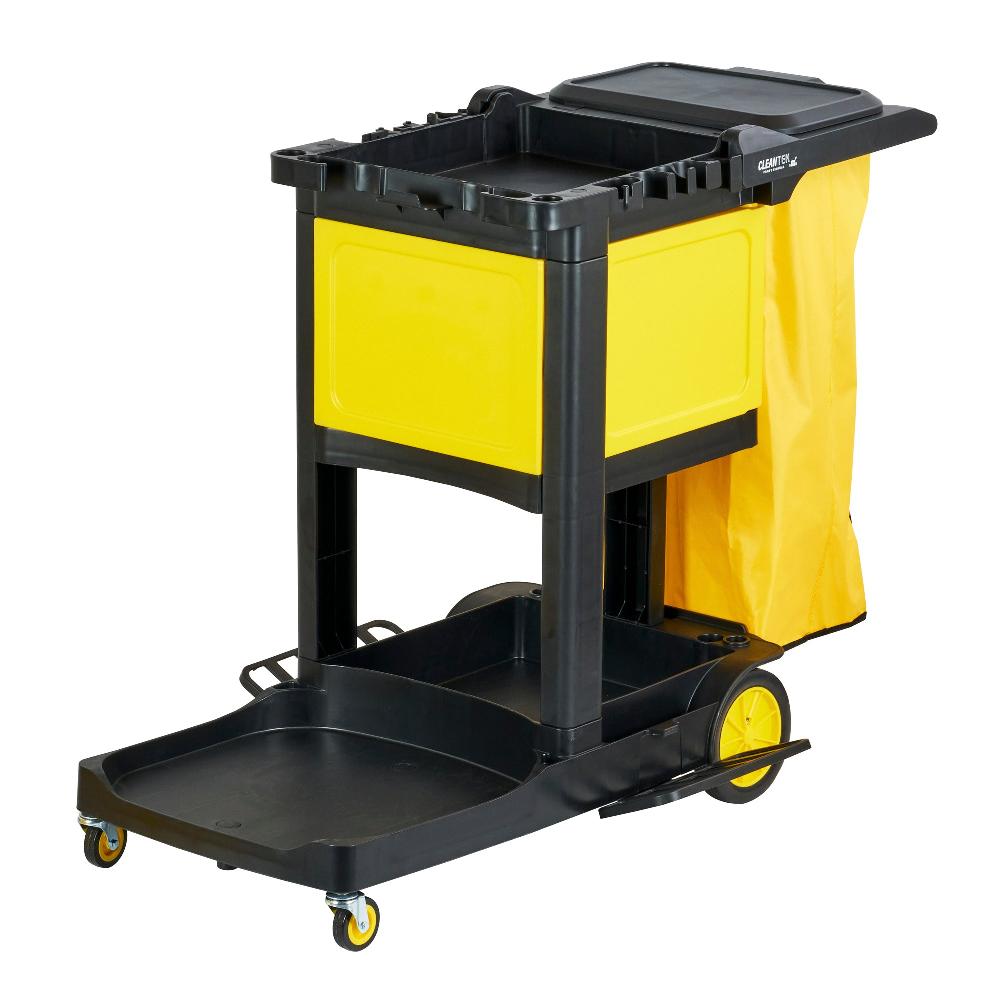 restaurantware Clean Tek Professional Black Heavy Duty 3-Shelf Janitor Cart - 21 gal Bag Lid Single Locking Cabinet - 53 1/2" x 33 1/2" x 39" - 1 count box