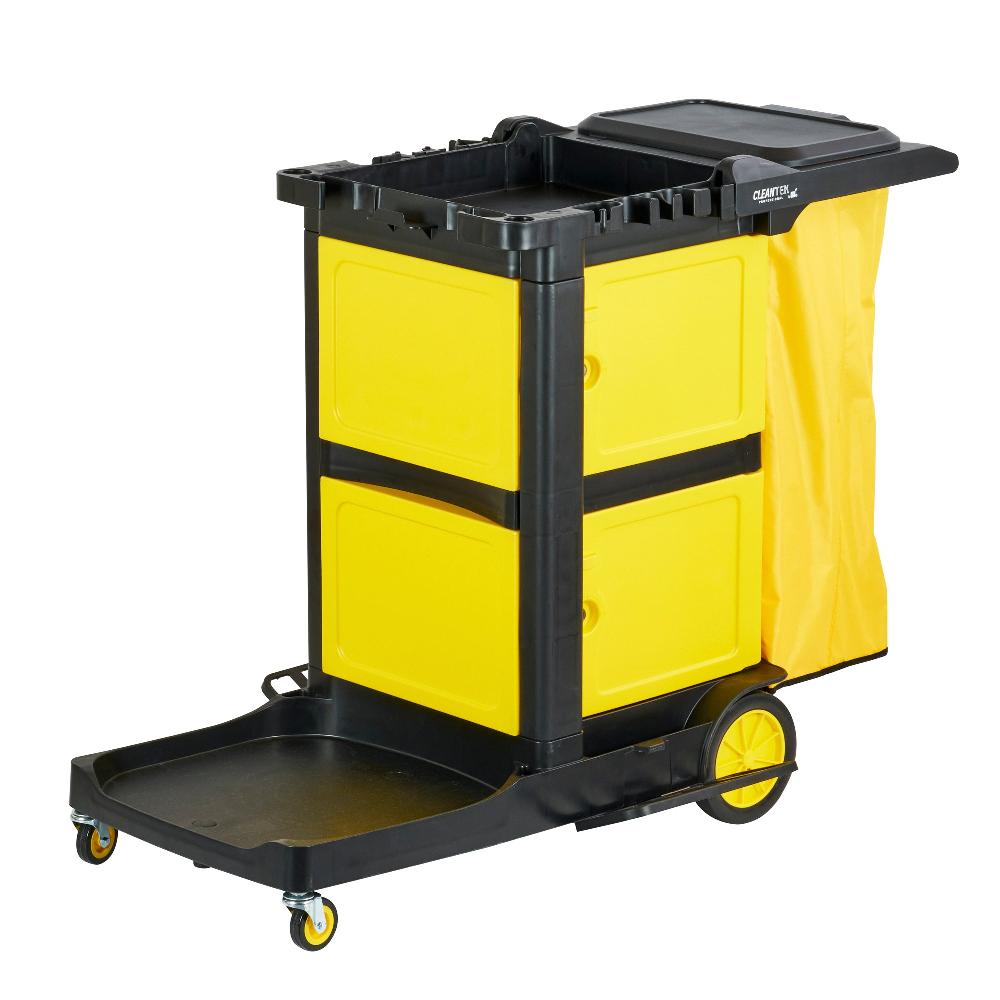 restaurantware Clean Tek Professional Black Heavy Duty 3-Shelf Janitor Cart - 21 gal Bag Lid Double Locking Cabinet- 52 1/4" x 33 1/2" x 39" - 1 count box