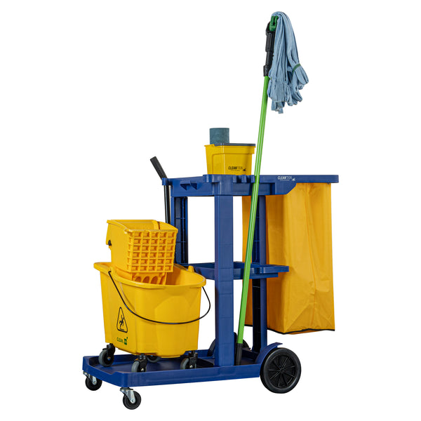 Restaurantware Clean Tek Professional Blue 3-Shelf Janitor Cart - 18 Gal Bag - 44" X 18 1/2" X 37 3/4" - 1 Count Box