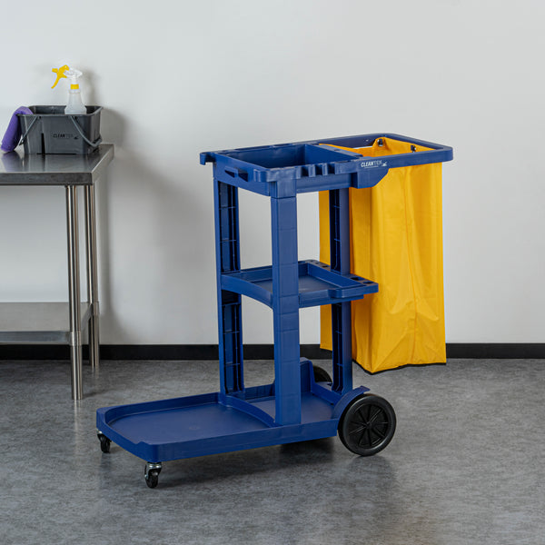 Restaurantware Clean Tek Professional Blue 3-Shelf Janitor Cart - 18 Gal Bag - 44" X 18 1/2" X 37 3/4" - 1 Count Box