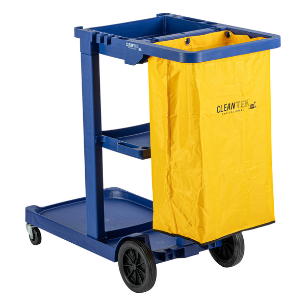 Restaurantware Clean Tek Professional Blue 3-Shelf Janitor Cart - 18 Gal Bag - 44" X 18 1/2" X 37 3/4" - 1 Count Box