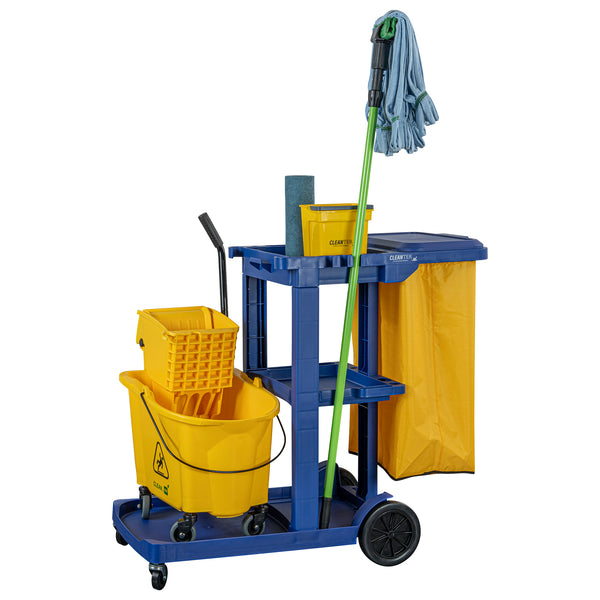 Restaurantware Clean Tek Professional Blue 3-Shelf Janitor Cart - 18 Gal Bag Lid - 44" X 18 1/2" X 39" - 1 Count Box