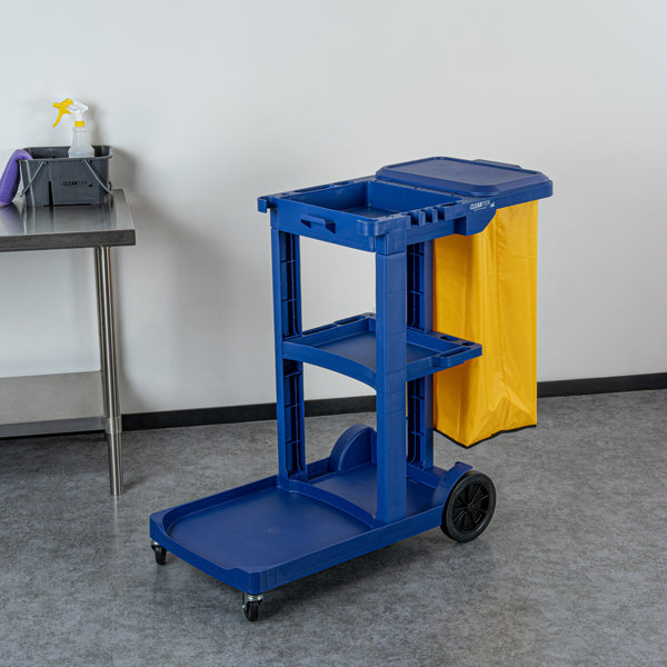 Restaurantware Clean Tek Professional Blue 3-Shelf Janitor Cart - 18 Gal Bag Lid - 44" X 18 1/2" X 39" - 1 Count Box