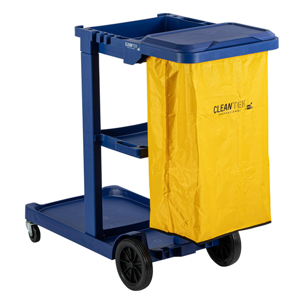 Restaurantware Clean Tek Professional Blue 3-Shelf Janitor Cart - 18 Gal Bag Lid - 44" X 18 1/2" X 39" - 1 Count Box