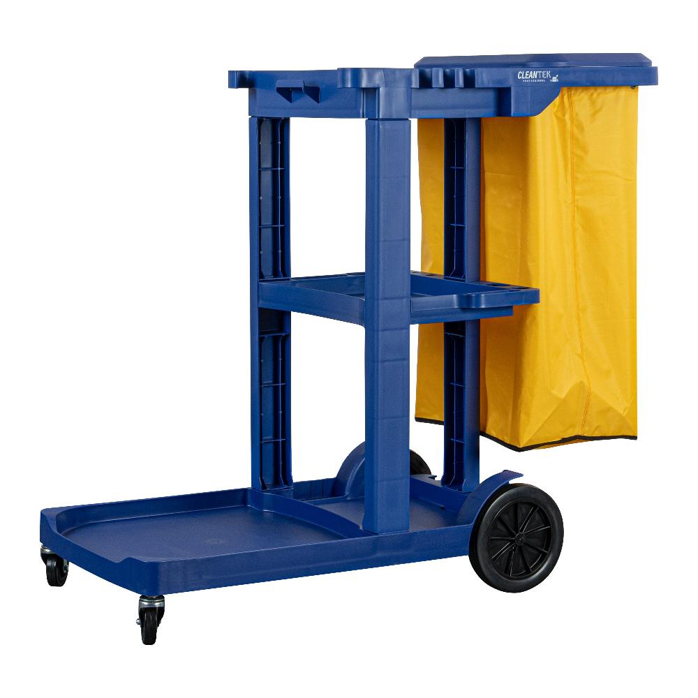 restaurantware Clean Tek Professional Blue 3-Shelf Janitor Cart - 18 gal Bag Lid - 44" x 18 1/2" x 39" - 1 count box