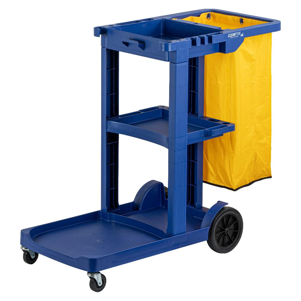 restaurantware Clean Tek Professional Blue 3-Shelf Janitor Cart - 18 gal Bag - 44" x 18 1/2" x 37 3/4" - 1 count box
