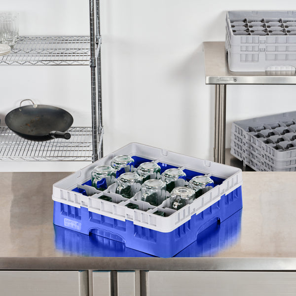 Restaurantware Clean Tek Professional Blue Glass Rack - 16 Compartments 1 Full Drop Extender - 19 3/4" X 19 3/4" X 5 3/4" - 1 Count Box
