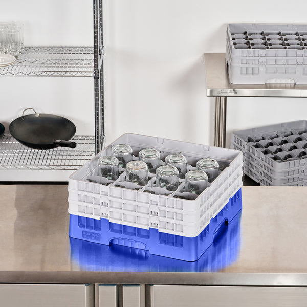 Restaurantware Clean Tek Professional Blue Glass Rack - 16 Compartments 1 Full Drop And 2 Half Drop Extenders - 19 3/4" X 19 3/4" X 8 3/4" - 1 Count Box